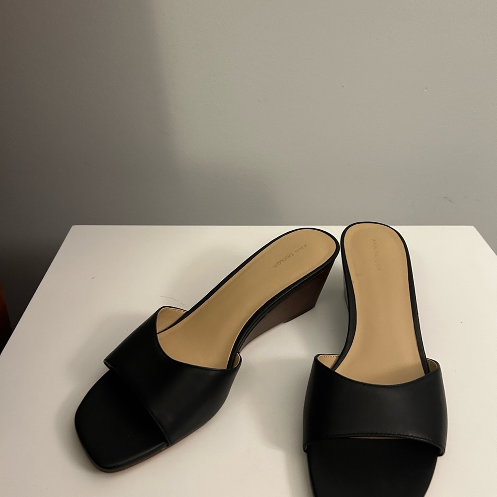 Ann Taylor Black Wedge Mules